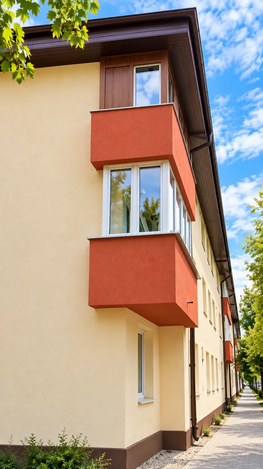 Detaliu de fațadă: balcoane închise, finisate în roșu cărămiziu