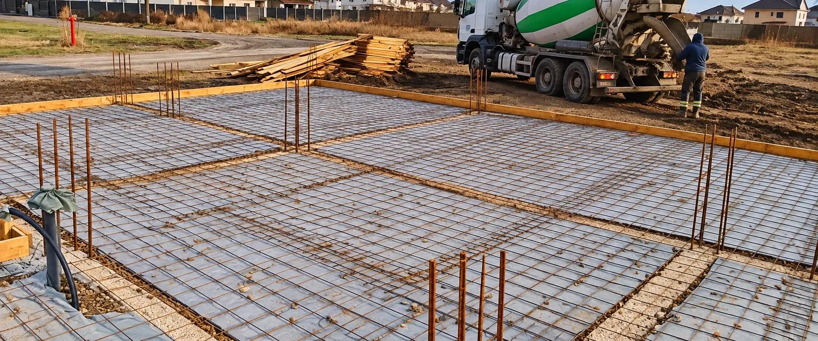 Plasa de armătură a plăcii, montată înainte de turnarea betonului