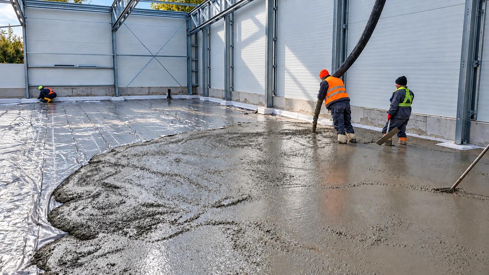 Turnarea pardoselii de beton în interiorul halei